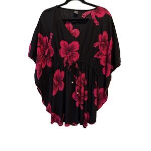 Favant Hawaii Floral Vibrant Pink Dolman Flowy Tunic Blouse Womens OS Beach Boho